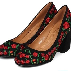 DBDK Fashion Block Heels Floral Embroidered 9 Black Cottagecore Boho Folk Art